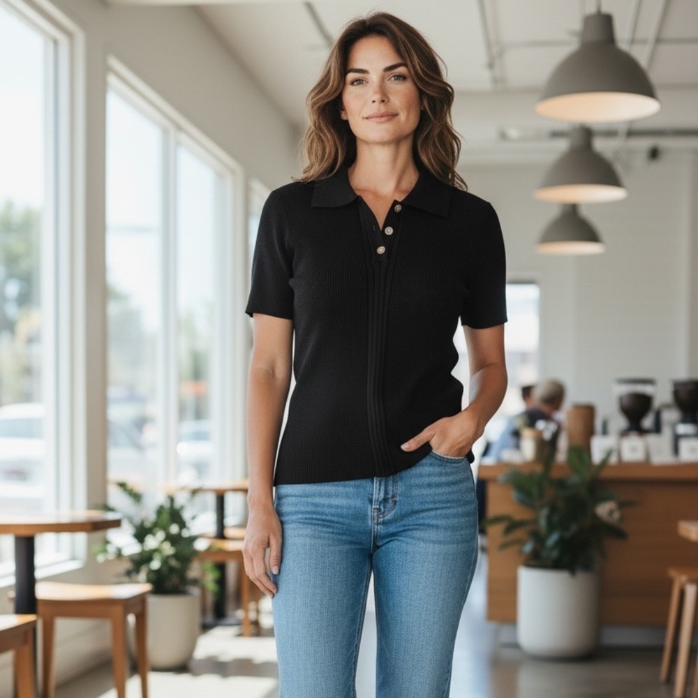 SHEIN Black Button Front Collared Short Sleeve Knit Sweater